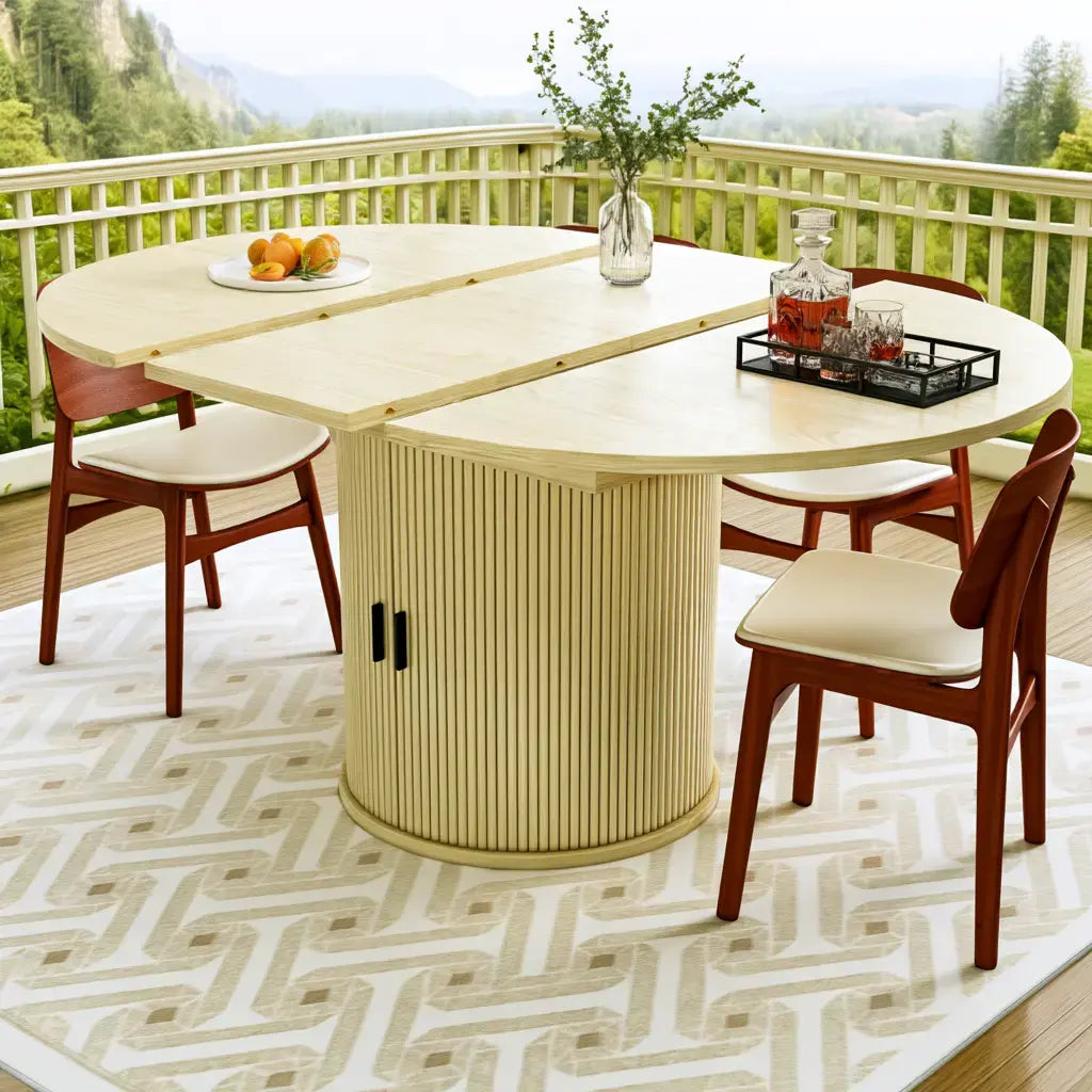 Mesa de comedor con tablero redondeado y pie central - amarillo