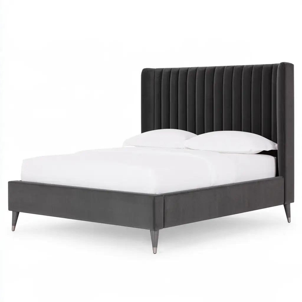Cama con cabecero acanalado y base oscura - negro