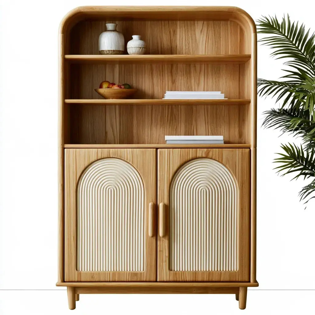 Aparador con estantes curvos y puertas arqueadas - marrón/beige