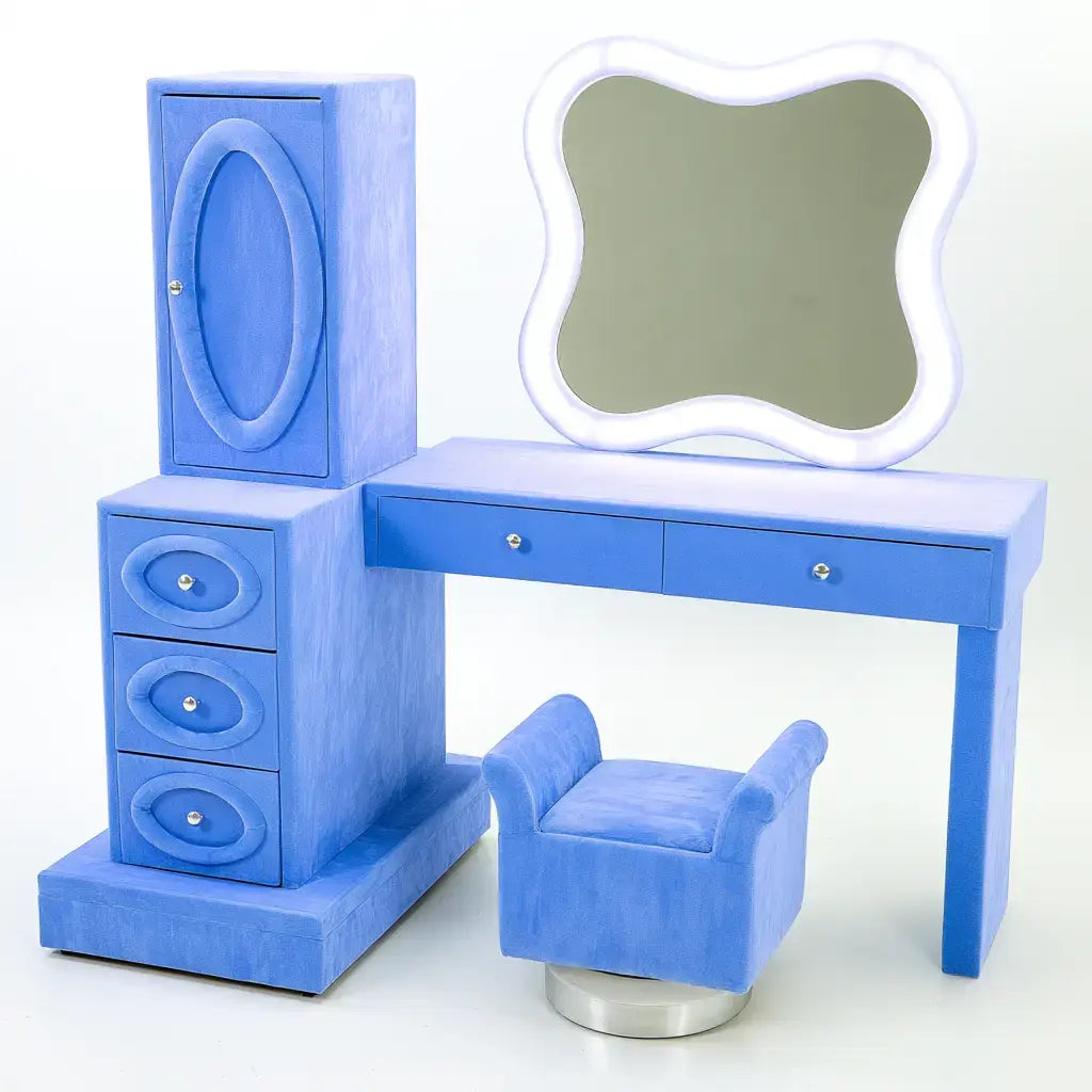 Tocador con espejo ondulado y cajonera lateral - azul
