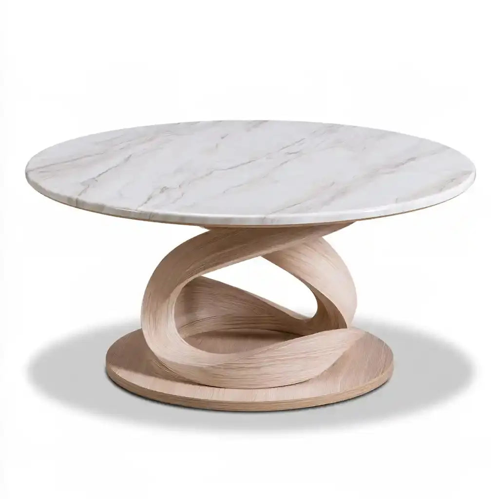 Mesa de centro redonda con base de curvas cruzadas - blanco/beige